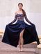 Dark blue satin evening dress with a corset: lace corset with cups (S, blue)