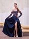 Dark blue satin evening dress with a corset: lace corset with cups (S, blue)