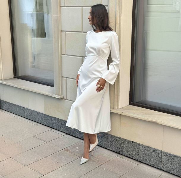 White Midi Cocktail Dress with Empire Waist and Bell Sleeves (L, white)
