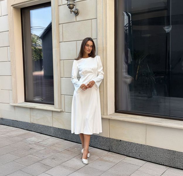 White Midi Cocktail Dress with Empire Waist and Bell Sleeves (L, white)