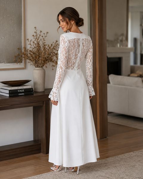 White long dress with lace back and sleeves (M, white)