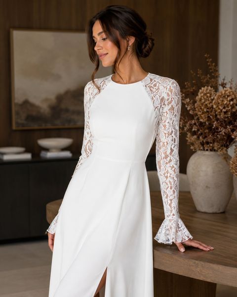 White long dress with lace back and sleeves (M, white)