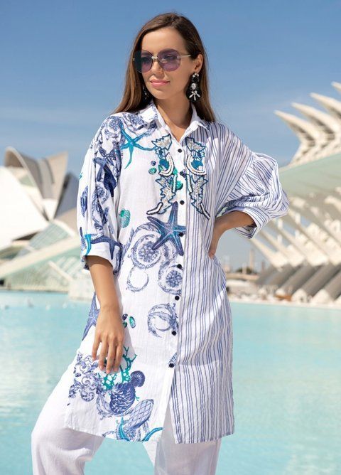 Loose-Fit Cotton Shirtdress with Lantern Sleeves and Side Slit - A Chic and Comfortable Summer Essential (XS, white)