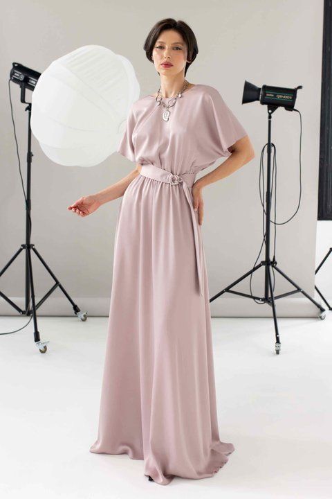 Long Silk Powder Pink Dress with Belt (XXL, pastel pink)