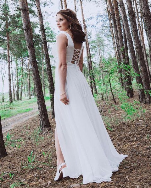 Gorgeous Chiffon White Maxi Dress with Empire Waist and Lace-Up Back - Ideal for Summer Weddings (XS/S, white)