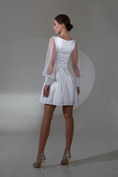 White Mini Dress with Sheer Lantern Sleeves and Corset Top (S/M, white)