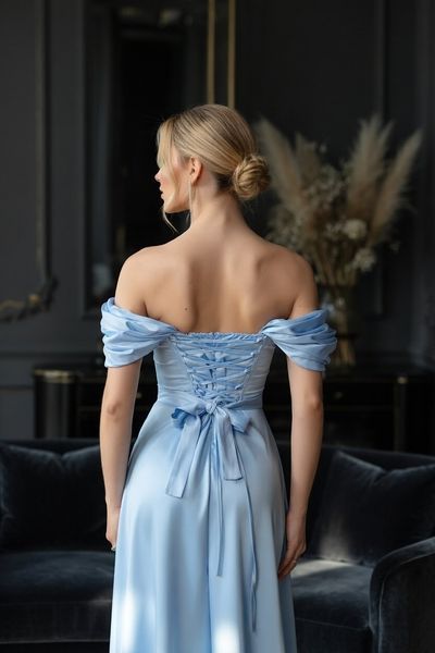Light Blue evening dress with cups and corset lacing (L, light blue)