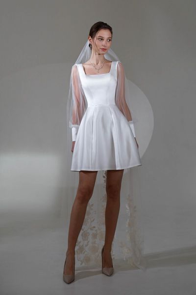 White Mini Dress with Sheer Lantern Sleeves and Corset Top (S/M, white)