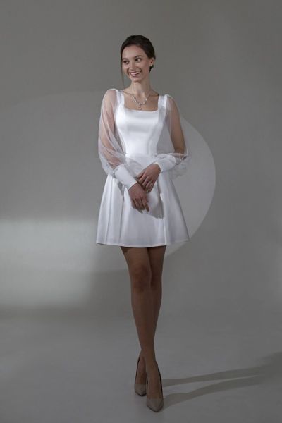 White Mini Dress with Sheer Lantern Sleeves and Corset Top (S/M, white)