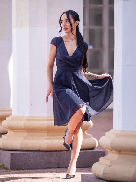 Dark Blue Evening Dress With Sparkle And Belt (S/M, blue)