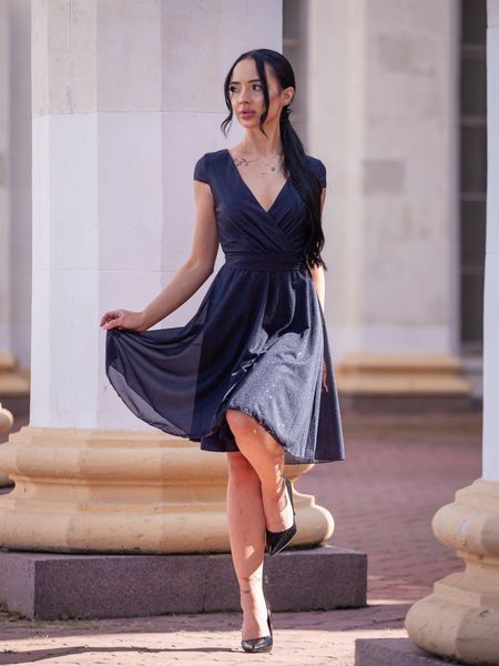 Dark Blue Evening Dress With Sparkle And Belt (S/M, blue)
