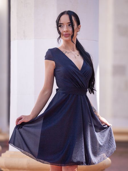 Dark Blue Evening Dress With Sparkle And Belt (S/M, blue)