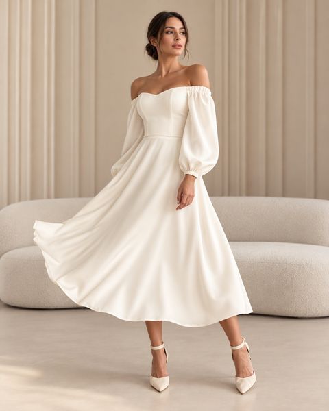 Classic white midi cocktail dress with long sleeves (S, white)