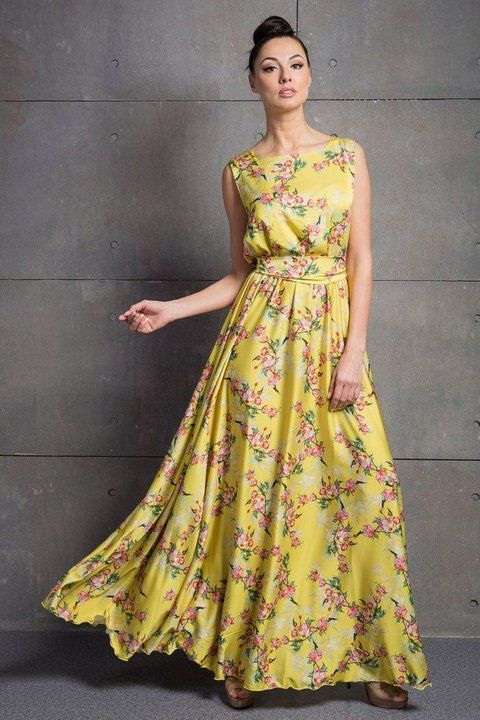 Fashionable Silk Floral Print Dress (универсальный (S/L), yellow)