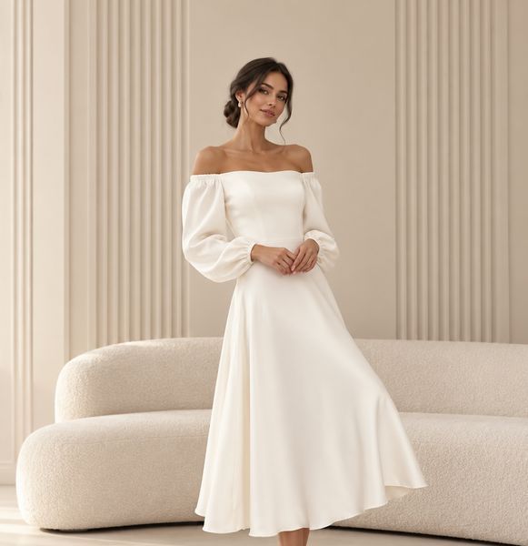 Classic white midi cocktail dress with long sleeves (S, white)