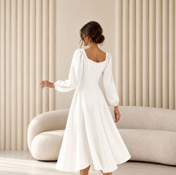 Classic white midi cocktail dress with long sleeves (S, white)