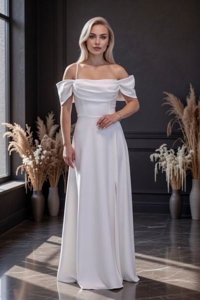 Довга біла вечірня сукня на короткий рукав (L, Білий) TVD-40-406-371 фото