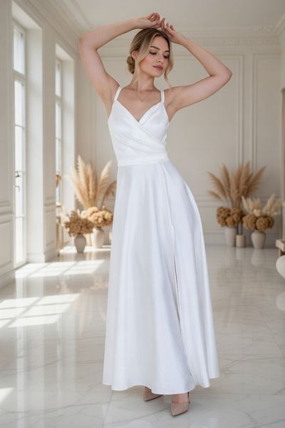 White Satin A-Line Maxi Dress with V-Neck and Side Slit (XS, white)