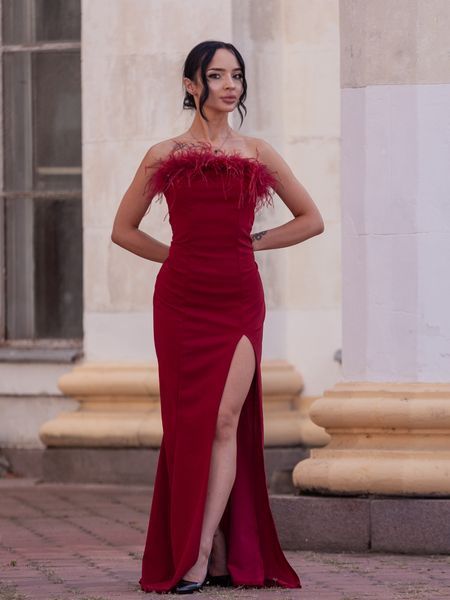 Burgundy Long Evening Strapless Dress With Feathers (S, burgundy)