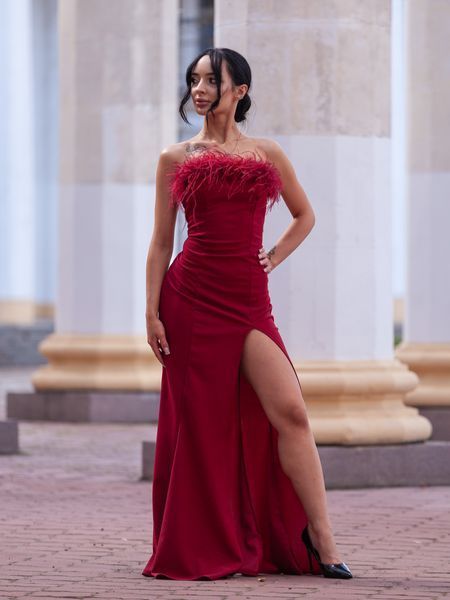 Burgundy Long Evening Strapless Dress With Feathers (S, burgundy)