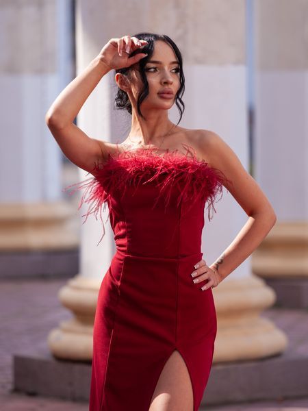 Burgundy Long Evening Strapless Dress With Feathers (S, burgundy)