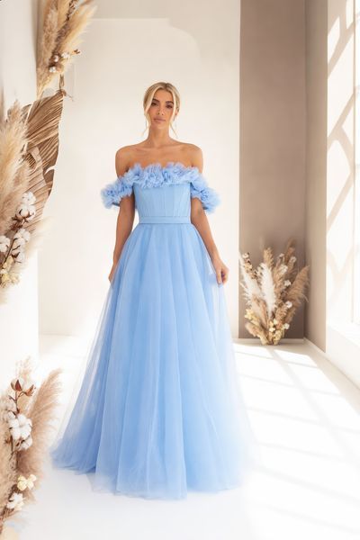 Light Blue Lace Up Maxi Fit & Flare Dress with Flowers (M, light blue)