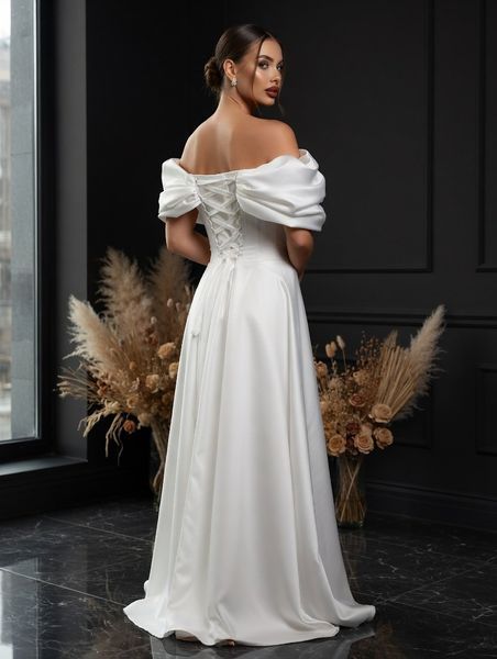 Off Shoulder Fit and Flare White Wedding Maxi Dress (XS, white)