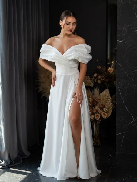 Off Shoulder Fit and Flare White Wedding Maxi Dress (XS, white)