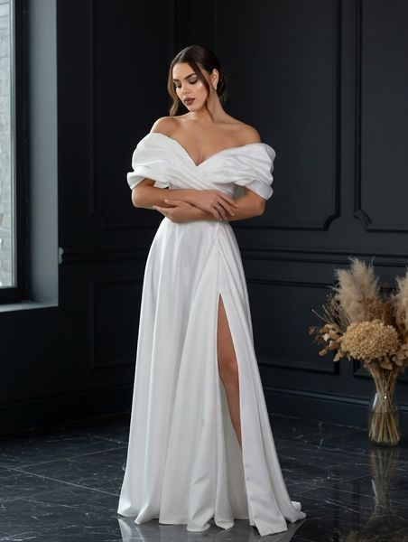 Off Shoulder Fit and Flare White Wedding Maxi Dress (XS, white)
