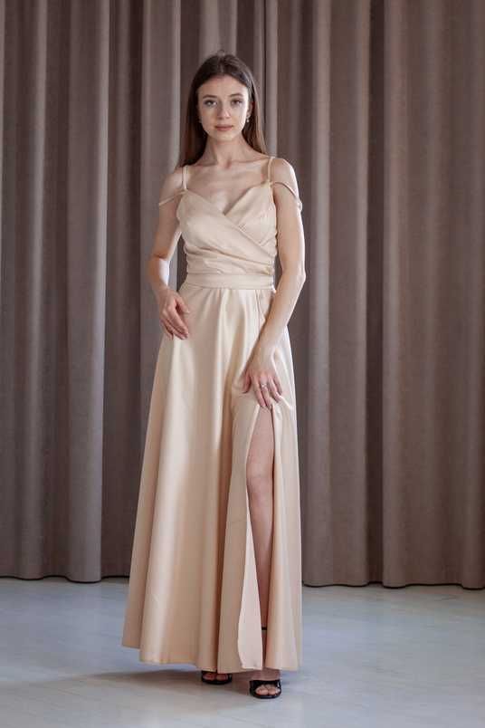 satin beige maxi dress Stolen Stores SELENE DRAPED BEIGE MAXI DRESS