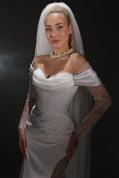 White wedding satin corset dress with lace (M, white)