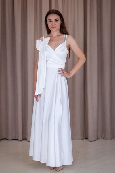 White Satin A-Line Maxi Dress with V-Neck and Side Slit (S, white)