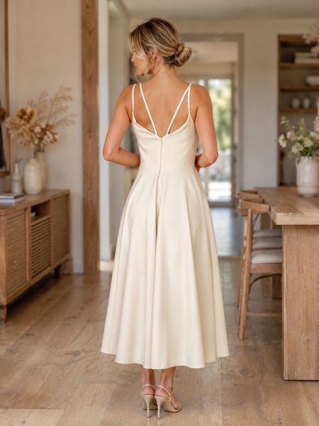 Sleeveless Fit & Flare Off White Midi Dress with Thin Straps (S, cream white)