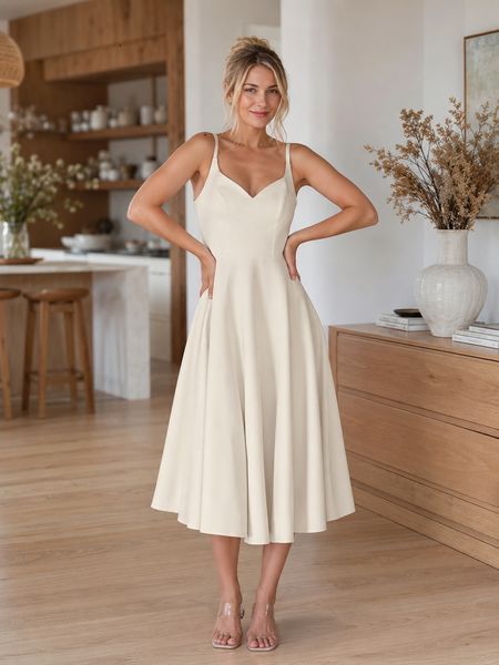 Sleeveless Fit & Flare Off White Midi Dress with Thin Straps (S, cream white)