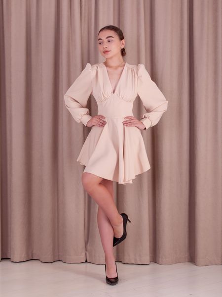 Casual Short Beige V-neck Cocktail Dress with Long Sleeves (M, beige)