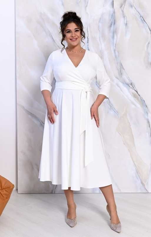 White Short Sleeve V-neck Midi Dress