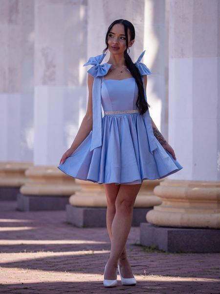 Blue Women's Short Satin Evening Dress With Belt (S, light blue)