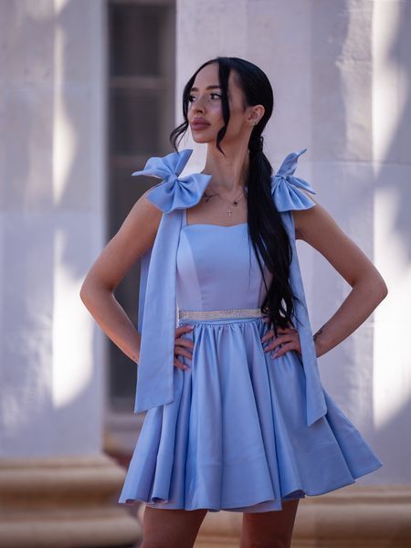 Blue Women's Short Satin Evening Dress With Belt (S, light blue)