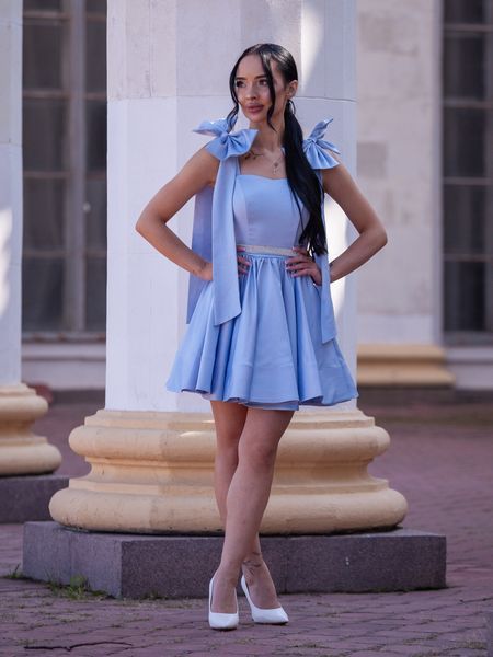 Blue Women's Short Satin Evening Dress With Belt (S, light blue)