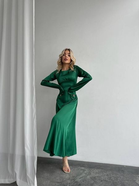 Elegant Green Silk Maxi Dress with Long Bell Sleeves (XS/S, green)