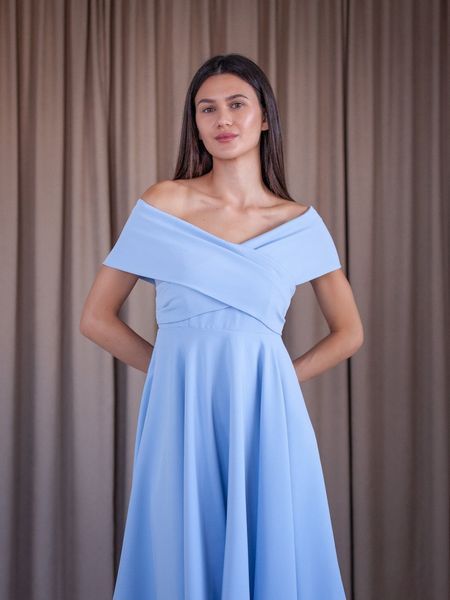 Light Blue Off-Shoulder Fit and Flare Midi Dress (M, light blue)