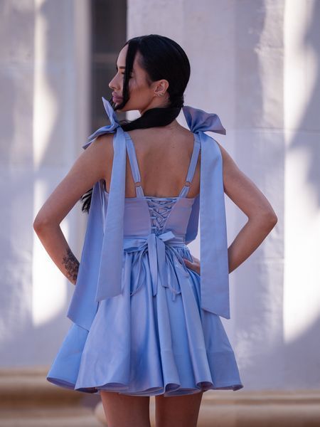 Blue Women's Short Satin Evening Dress With Belt (S, light blue)