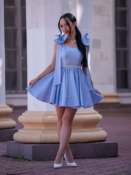 Blue Women's Short Satin Evening Dress With Belt (S, light blue)