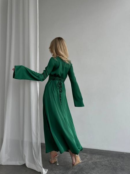 Elegant Green Silk Maxi Dress with Long Bell Sleeves (XS/S, green)