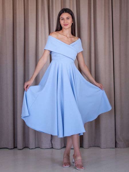 Light Blue Off-Shoulder Fit and Flare Midi Dress (M, light blue)