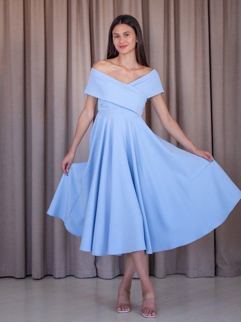Light Blue Off-Shoulder Fit and Flare Midi Dress (M, light blue)