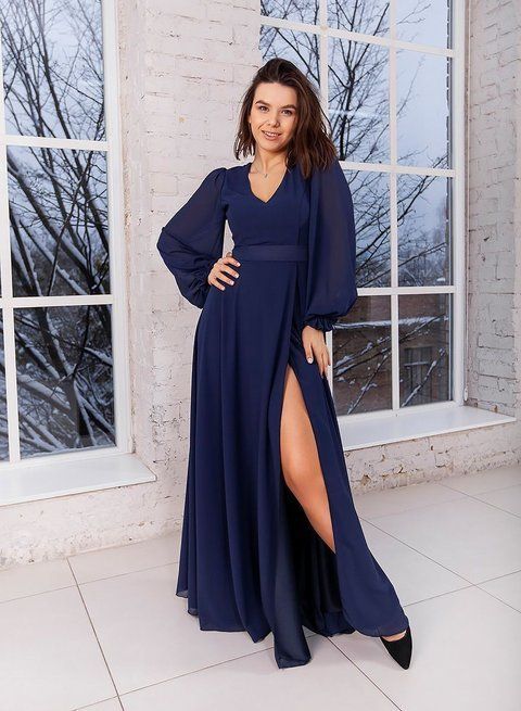 Вечірня шифонова сукня у підлогу темно-синього кольору (L/XL, Синій) MLT-40-448-531 фото