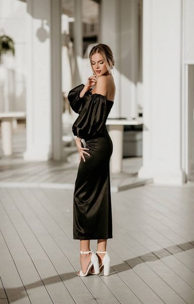 Sexy Black Satin Sheath Dress with Puffed Sleeves: Perfect Cocktail Length Bridesmaid & Wedding Guest Attire (S, black)
