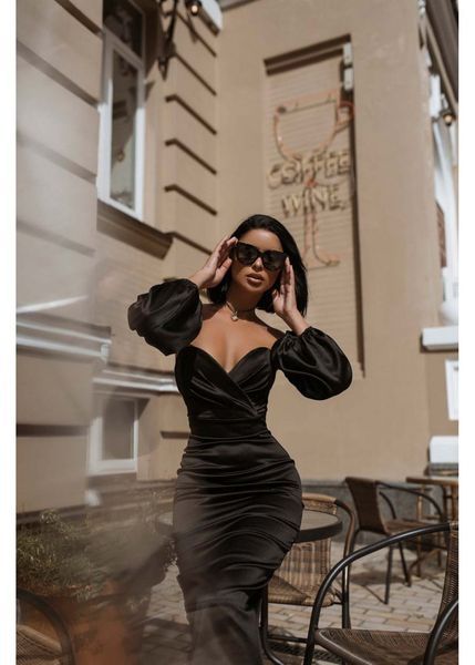 Sexy Black Satin Sheath Dress with Puffed Sleeves: Perfect Cocktail Length Bridesmaid & Wedding Guest Attire (S, black)