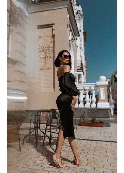Sexy Black Satin Sheath Dress with Puffed Sleeves: Perfect Cocktail Length Bridesmaid & Wedding Guest Attire (S, black)
